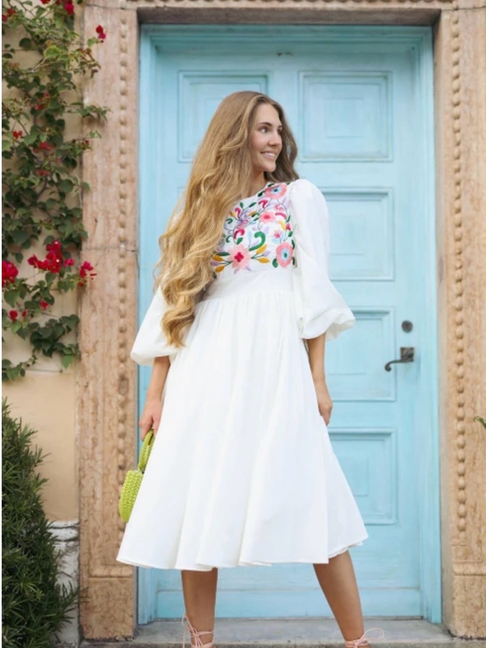 Dainty Jewells White Midi Dress with Colorful Floral Embroidery